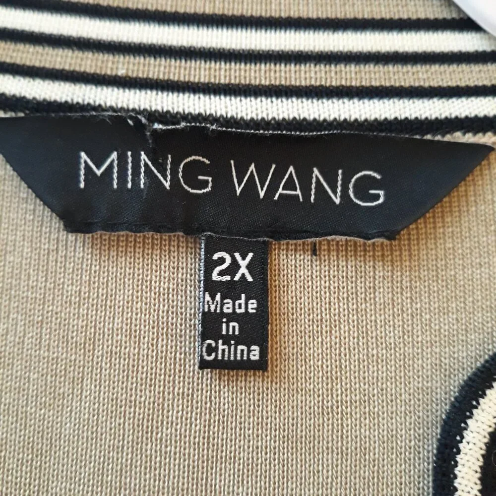 Ming Wang Tan Striped Embellished V-Neck 3/4 Sleeves Cardigan M